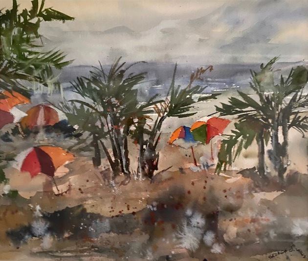 Watermedia painting by George Wills, a beach scene with palm trees and colorful umbrellas