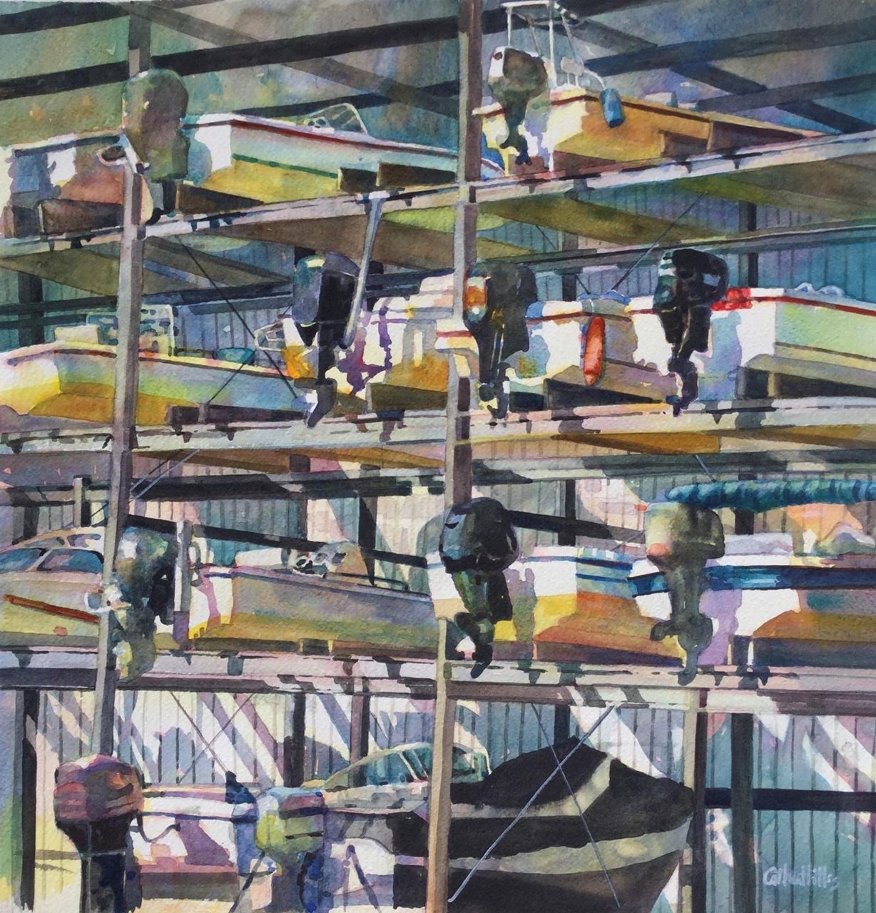 Watermedia painting by Hillis, image of boats in dry dock arranged in a geometric way