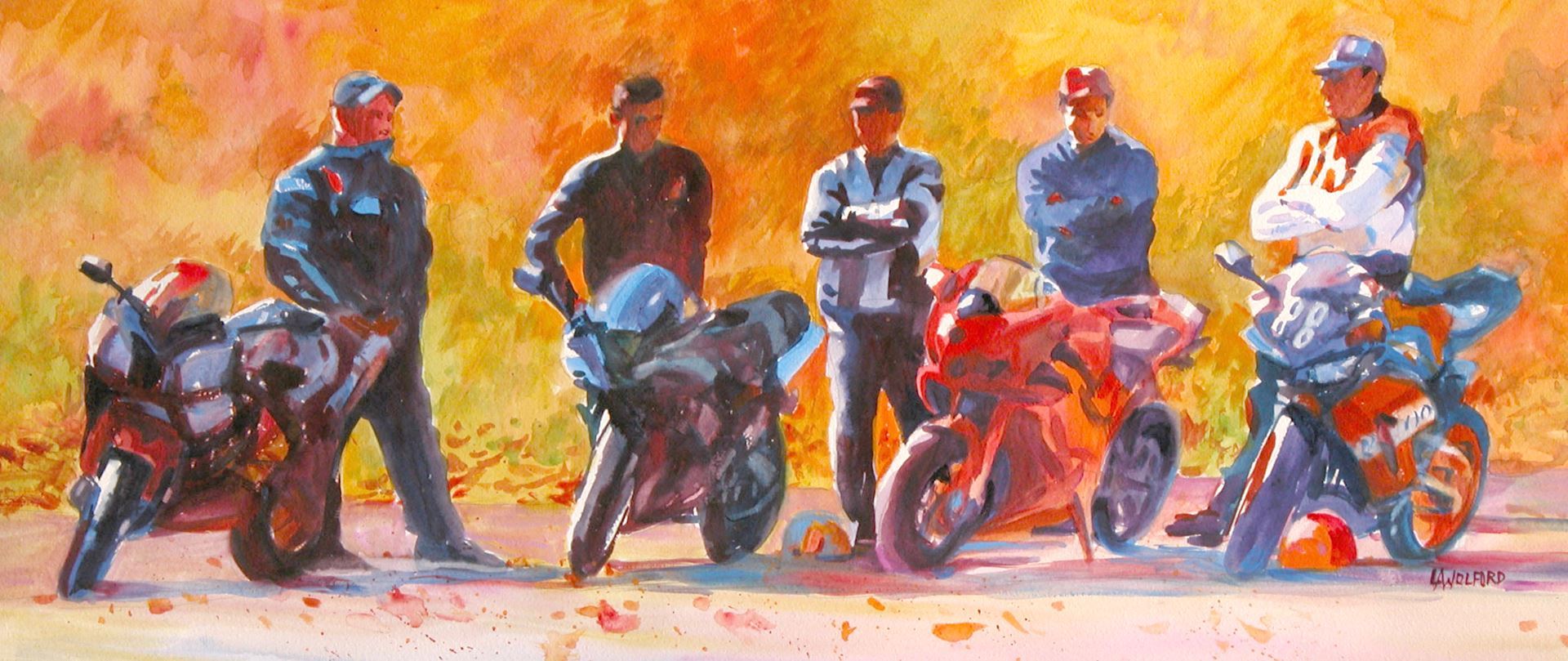Rocket riders, watermedia painting by L. Wolford, five figures standing with motorcycles in warm colors