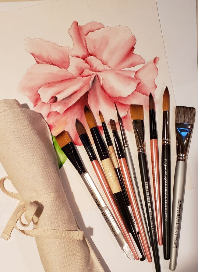 Photo of the Dynasty brush set with case, laying on top of a watercolor painting of a pink flower