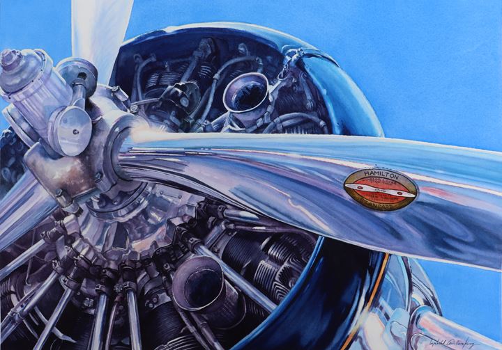 Lizabeth Castellano-King’s watermedia painting "Vintage Flight," of a close up view of a reflective vintage airplane propellor in shades of blue.