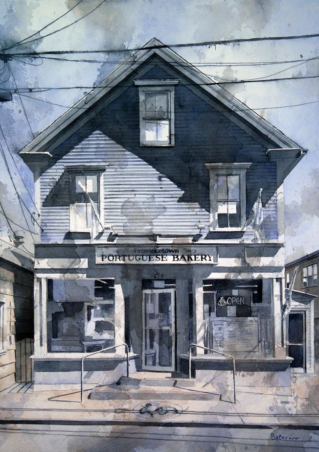 Watermedia painting by Tim Saternow, the front of a blue shop with strong shadows