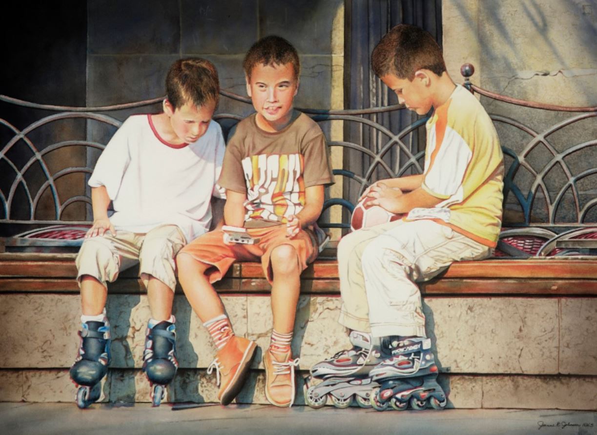 Watermedia painting by Jean Johnson, three children with rollerblades sitting on a bench with a video game