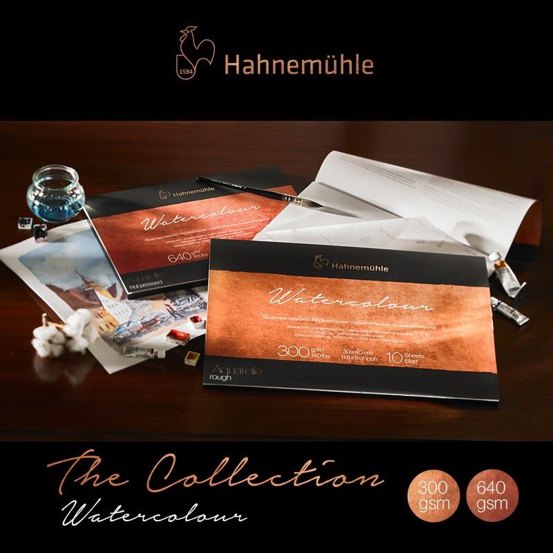 Logo and staged photo of watercolor paper with materials from Hahnemuhle