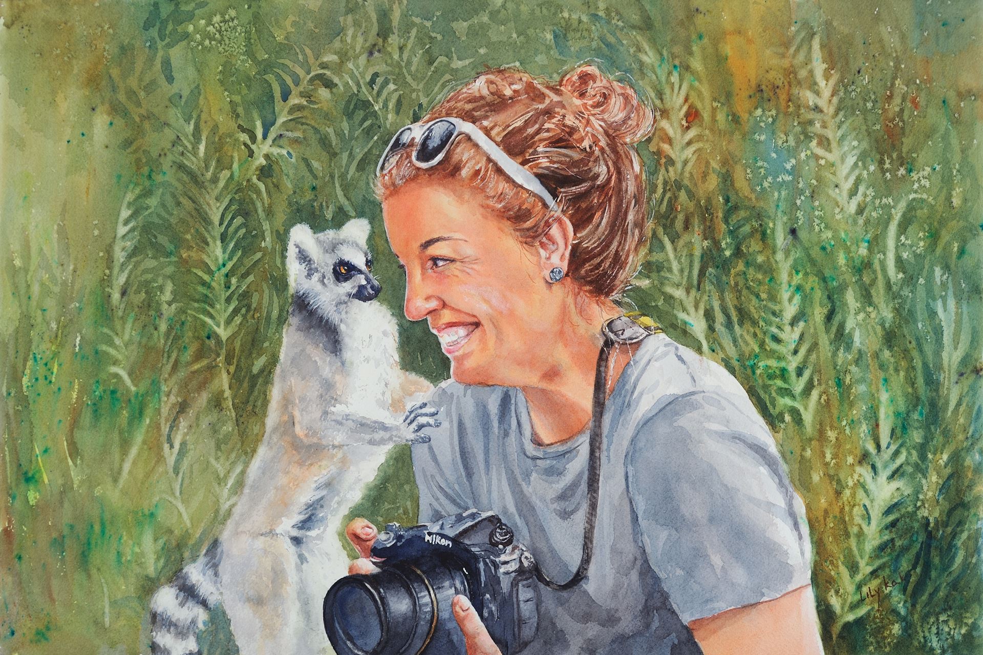 Watermedia painting by L. Kak, a woman with a camera looking into the eyes of a curious lemur that is touching her shoulder