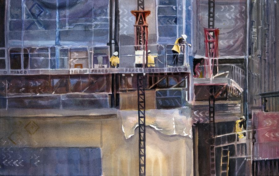 Painting by April Rimpo in fluid acrylic of a construction scene
