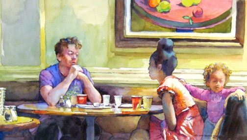 Painting by Lois Wolford in watercolor of three family members at a table in a restaurant