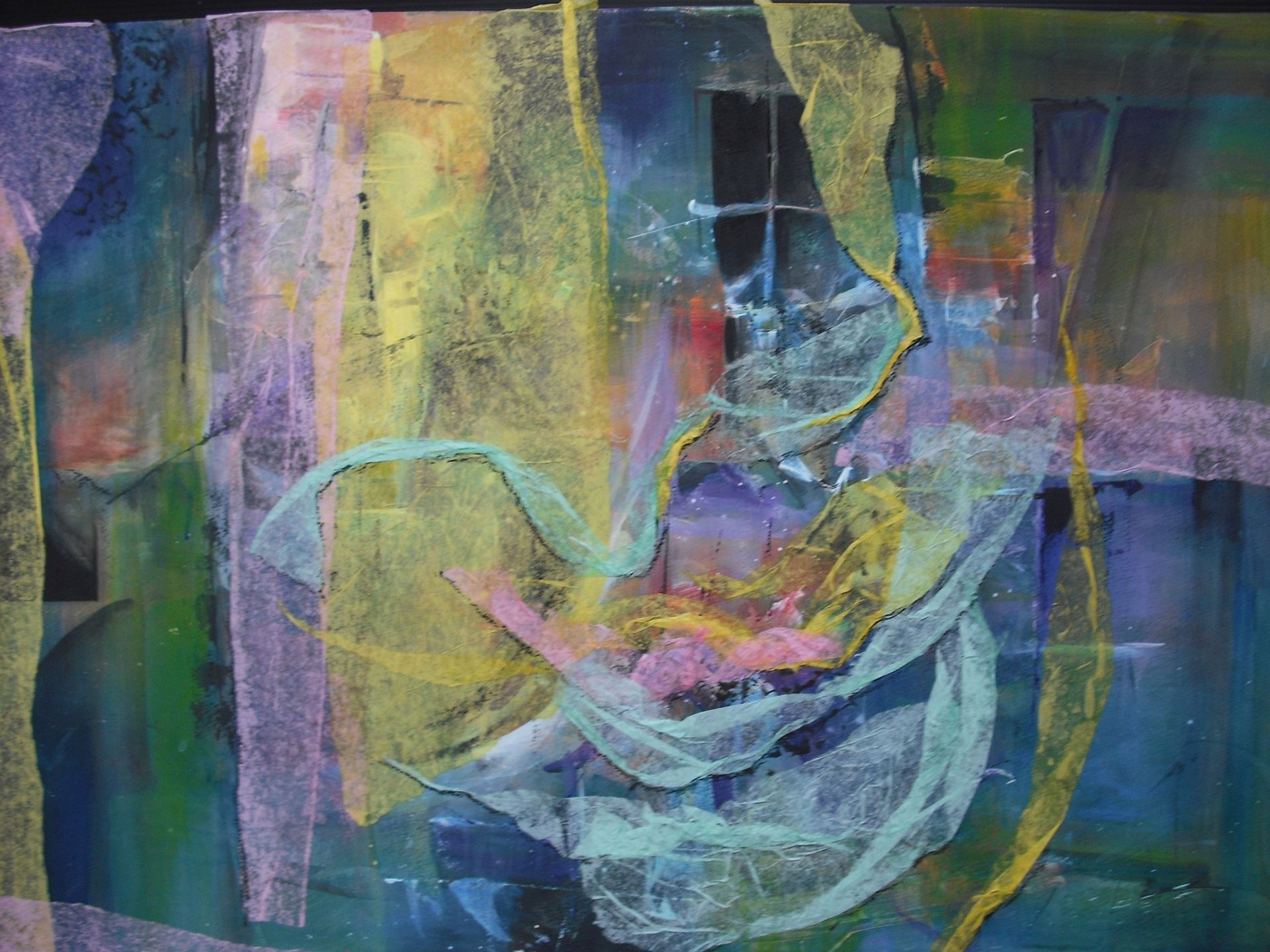 Abstract watermedia painting in cool colors with a collage sensibility