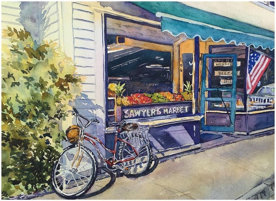 Watermedia painting by Colleen Henderson, a bicycle outside a shop with a sign that says Sawyer's Market