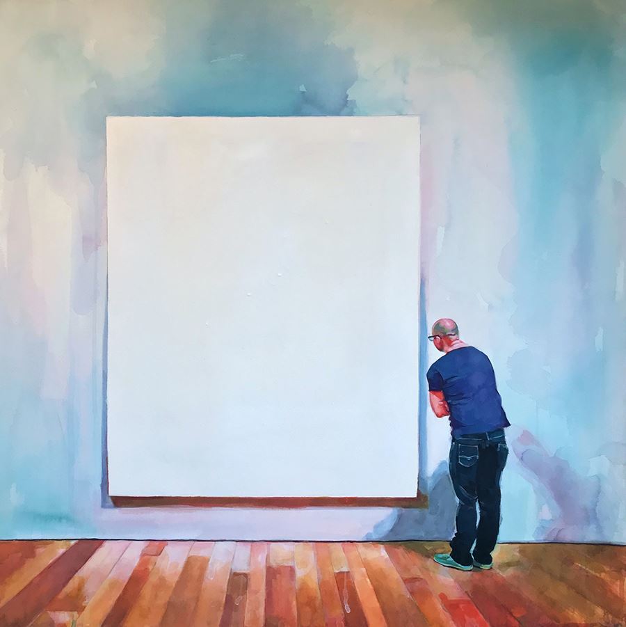 "Projection" a watermedia painting by S. Reubin, a bald person with glasses in a blue shirt and teal sneakers standing in front of a gigantic blank canvas on a gallery wall