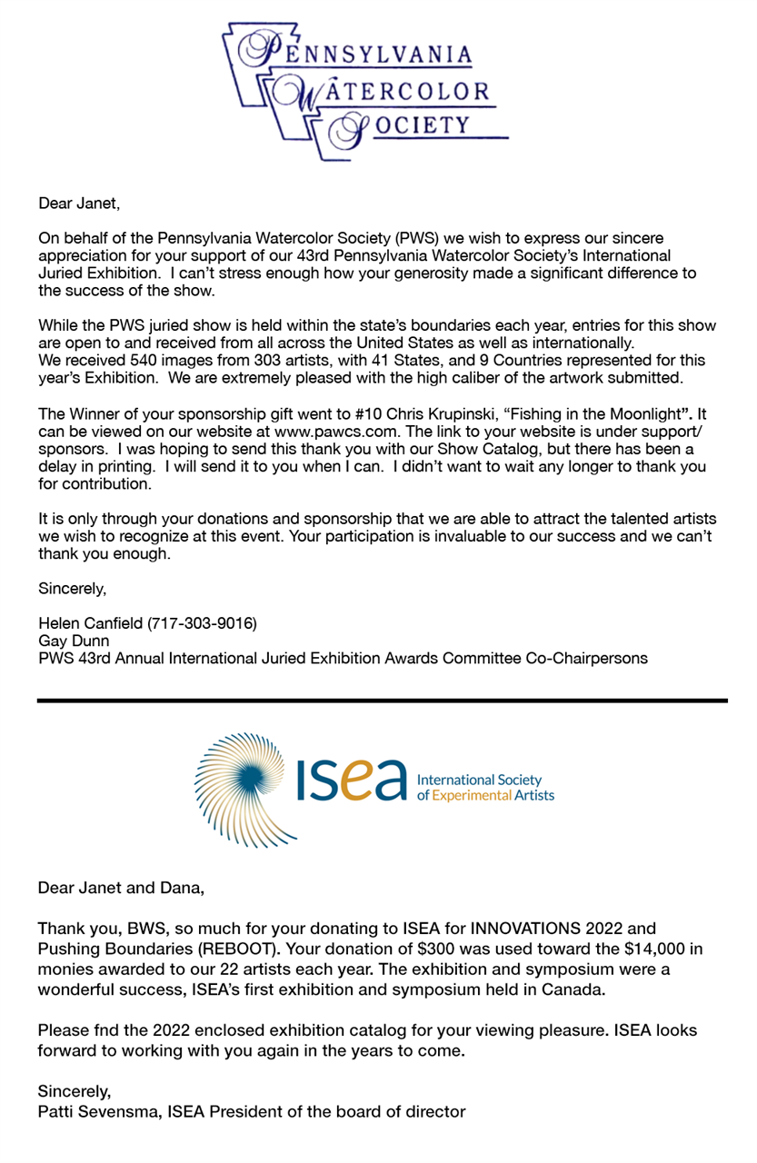 Thank you letters from PWS and ISEA